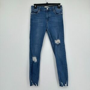 Free People Jeans Womens Size 27 Blue Skinny Stretch Distressed Frayed High Rise